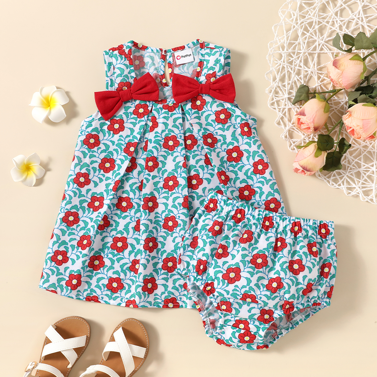 

2pcs Baby Girl Sleeveless Floral Print Bowknot Baby's Sets