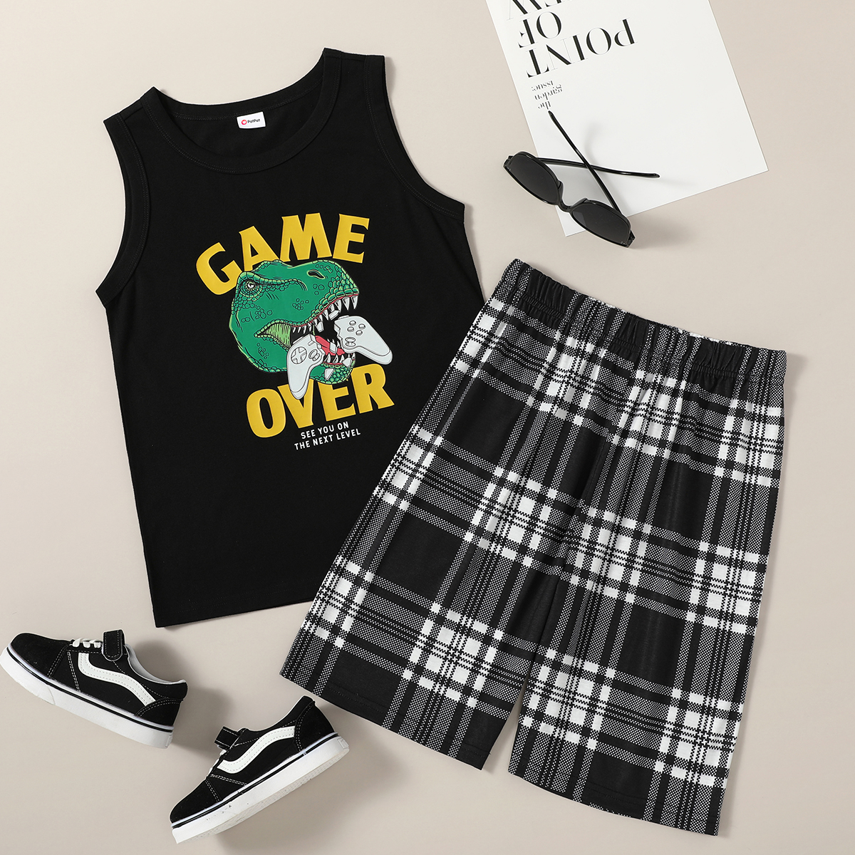 

Kid Boy Dinosaur Animal Letter Tank Top Plaid Shorts 2pcs Set