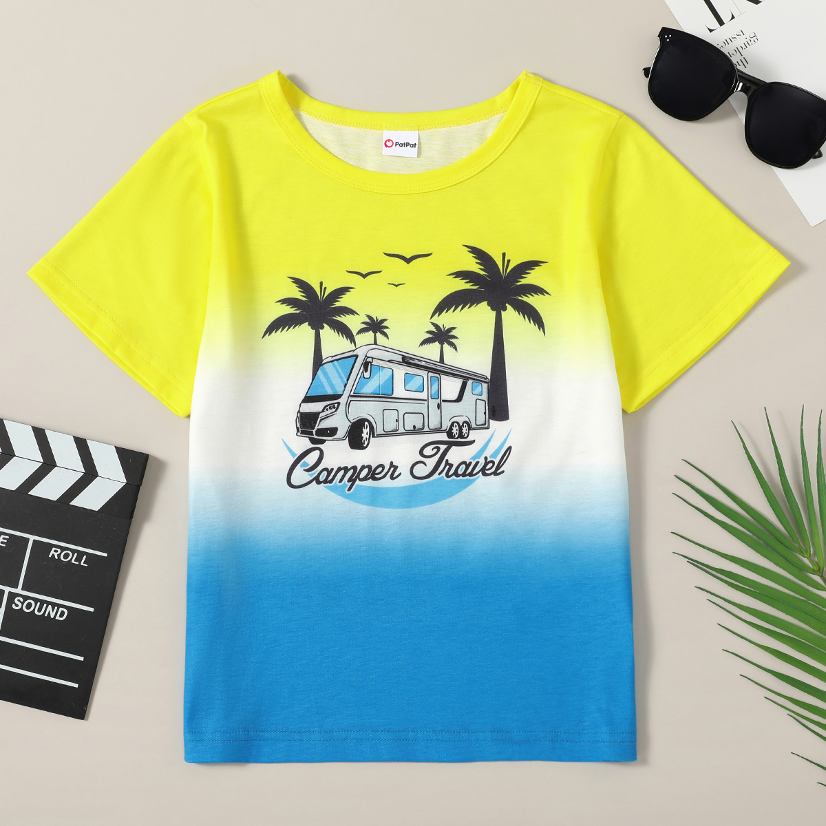 

Kid Boy Vehicle Palm Tree Animal Letter Gradient Print T-shirt