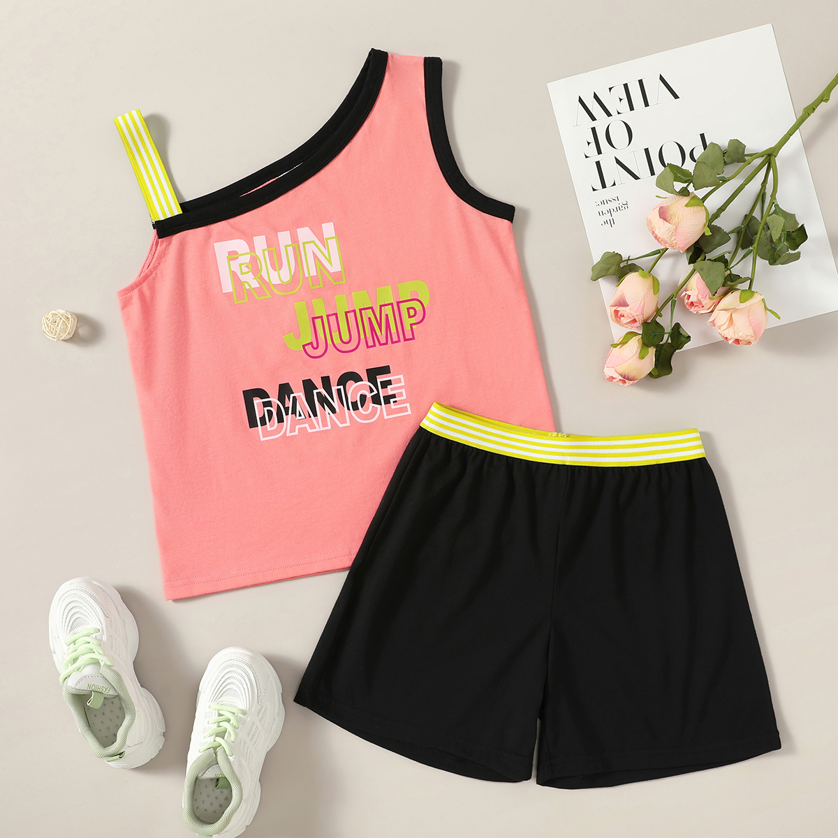 

Pretty Kid Girl 2-piece Sleeveless Letter Print Color block Shorts Suits