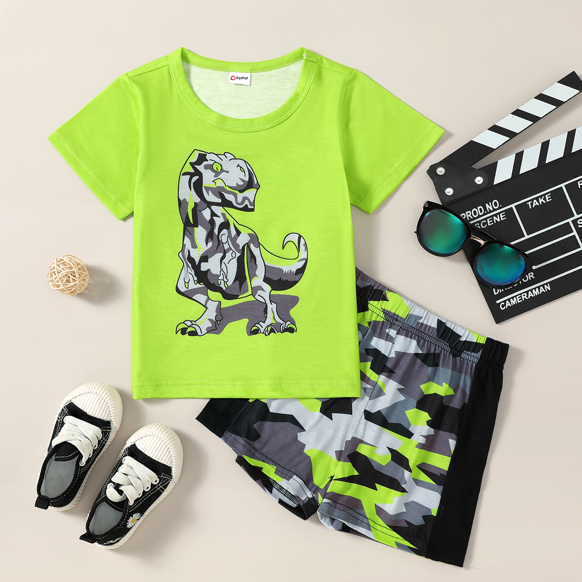 

Toddler Boy Dinosaur Print Short-sleeve Tee And Camouflage Shorts