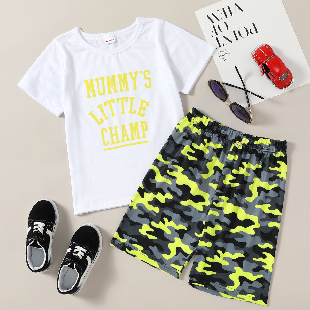 

Stylish Kid Boy 2-piece Short-sleeve Letter Camouflage Print Shorts Suits
