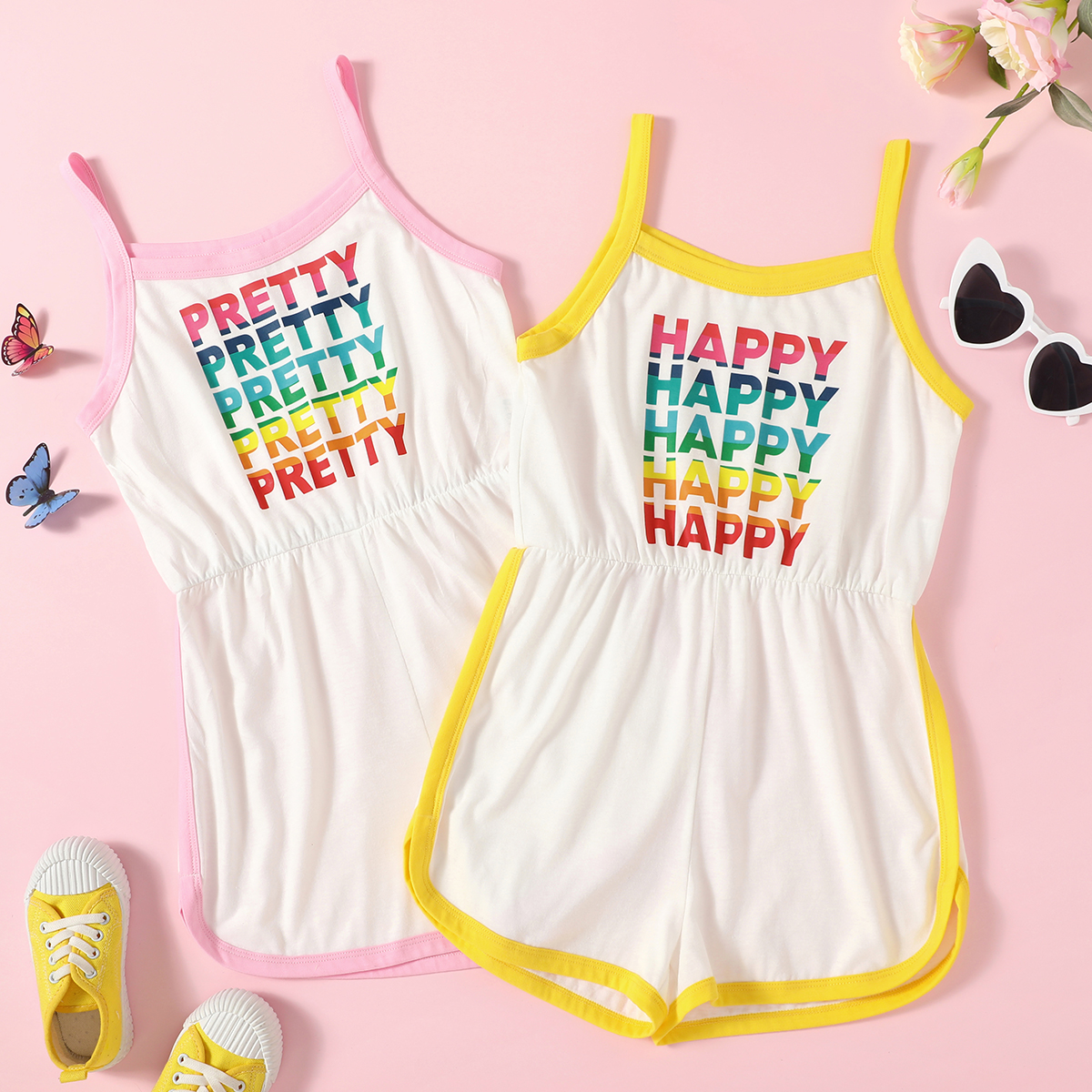 

Pretty Kid Girl Letter Print Bright Rainbow Slip Rompers
