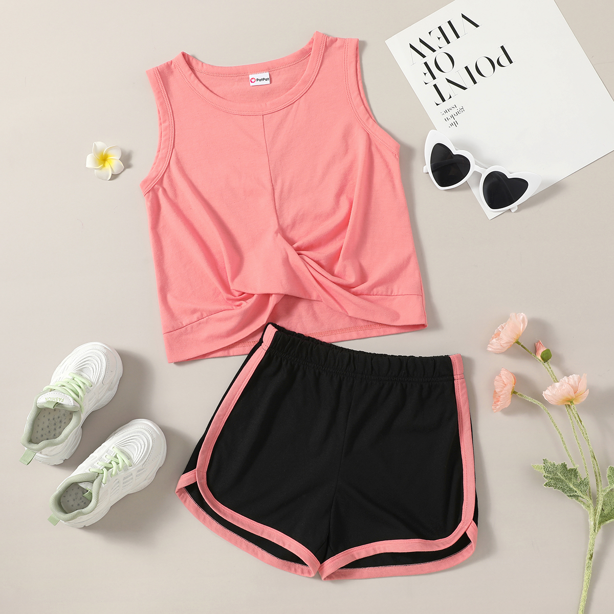 

Beautiful Kid Girl 2-piece Sleeveless Solid Crisscross Shorts Suits