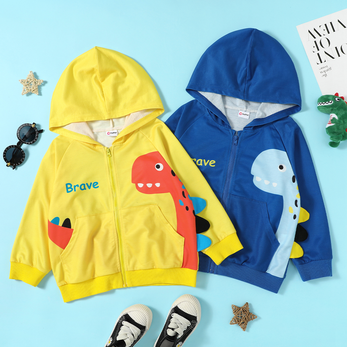 

Toddler Boy Cute Brave Dinosaur Print Zipper Coat With Hat