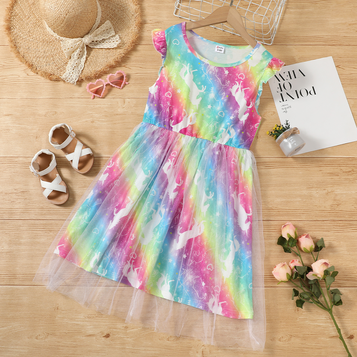 

Kid Girl Unicorn Rainbow Heart Print Mesh Dress