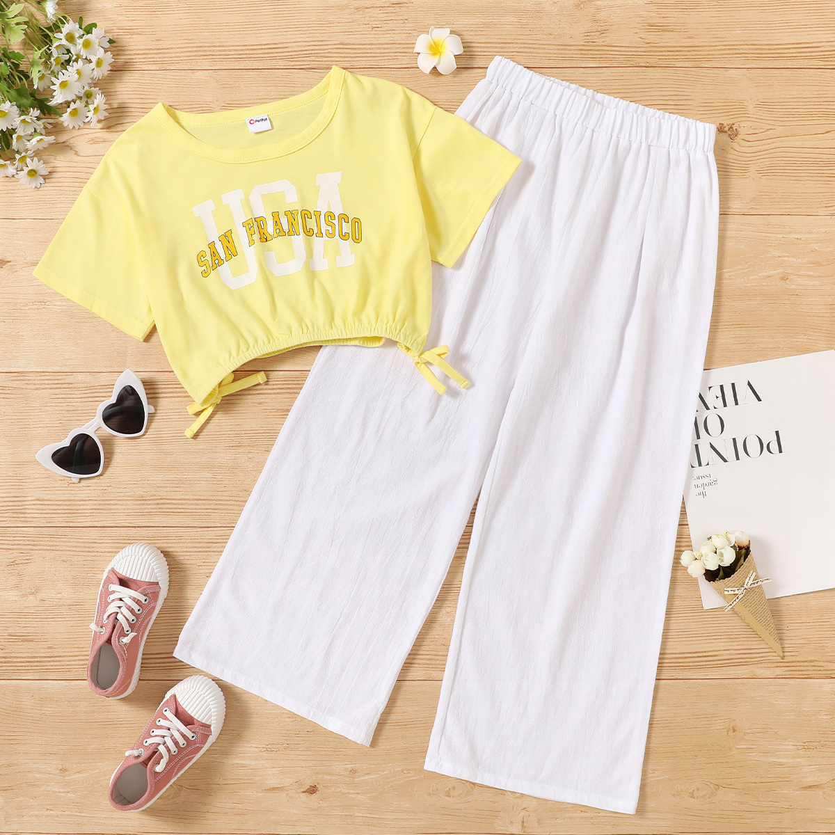 

2-piece Kid Girl Letter Print Bow Decor Short-sleeve Top and 100% Cotton Solid Wide Leg Pants