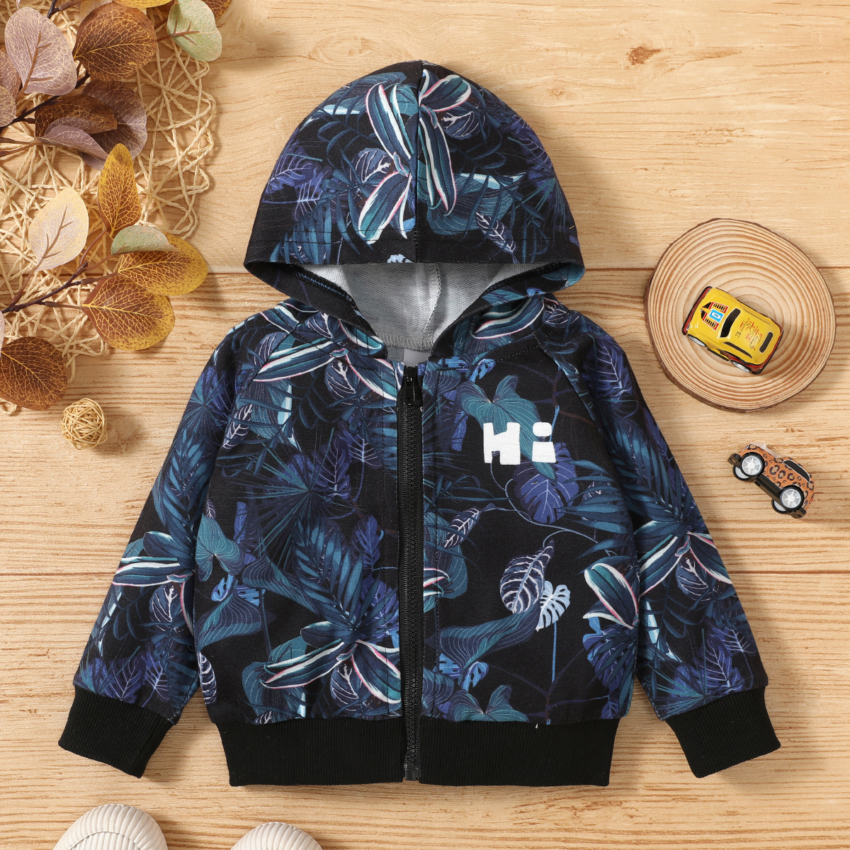 

Baby Boy Leaf Print Hooded Zipper Coat