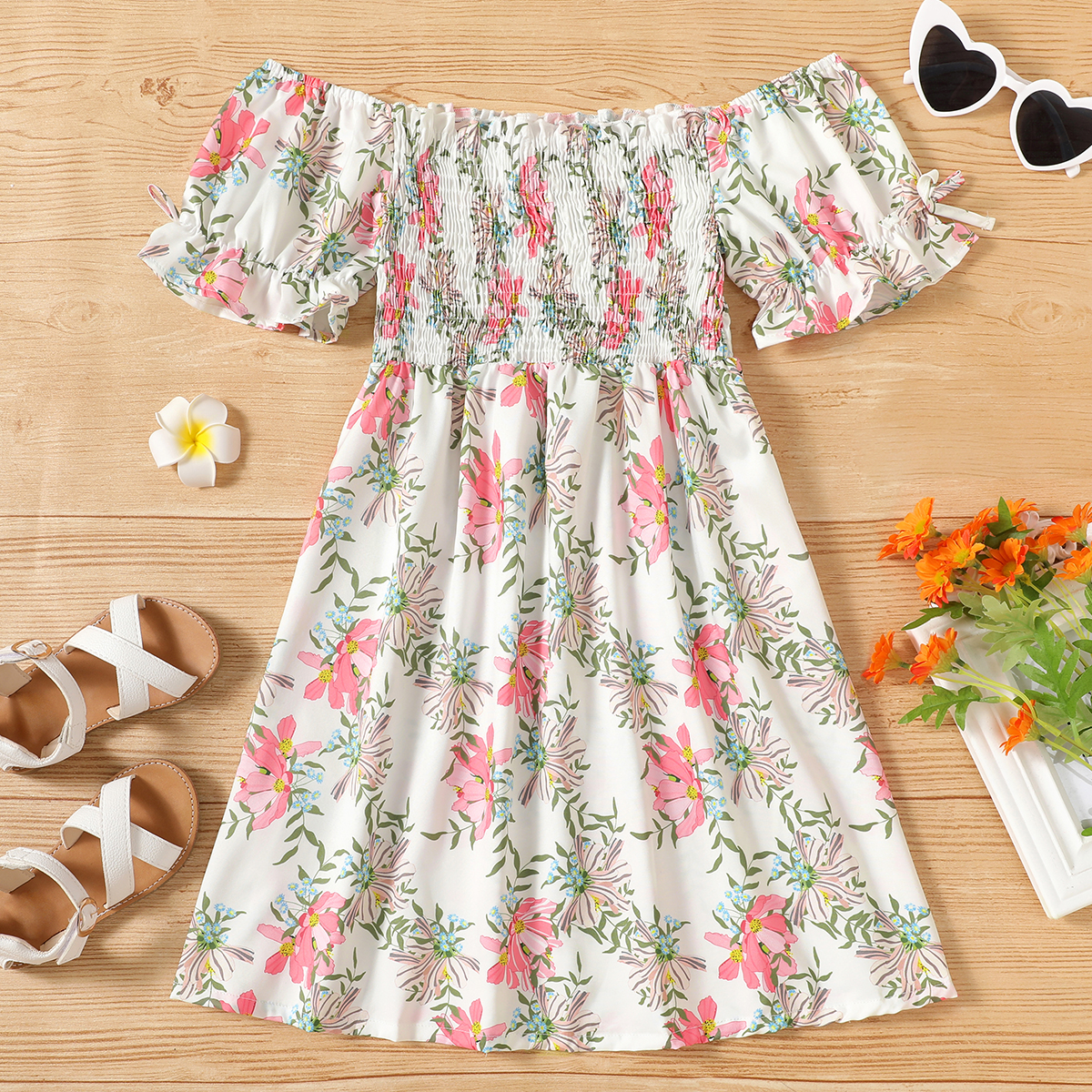 

Kid Girl Floral Leaf Print Off Shoulder Ruffle-sleeve Dress