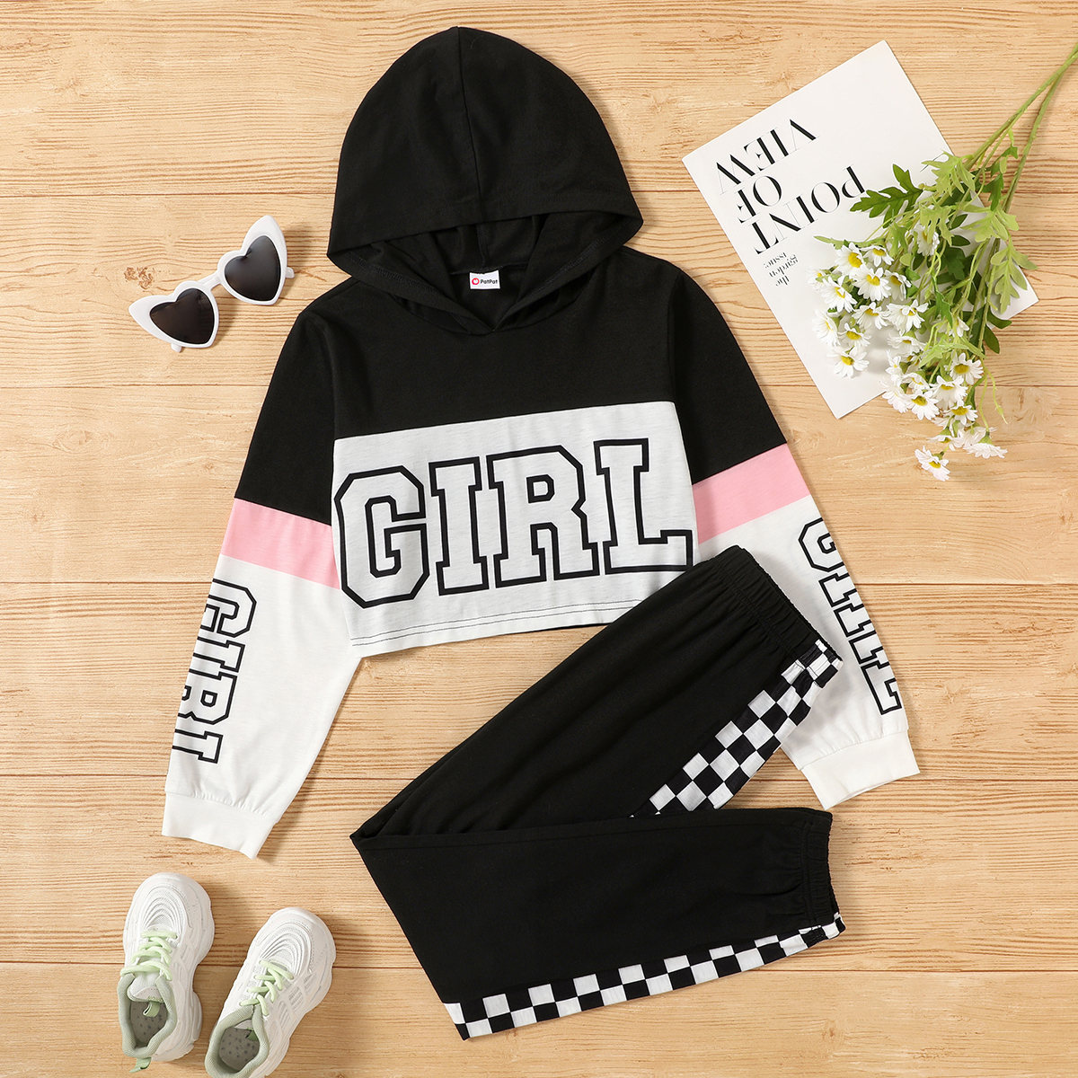 

2-piece Kid Girl Letter Print Colorblock Hoodie and Plaid Elasticized Pants Sporty Set