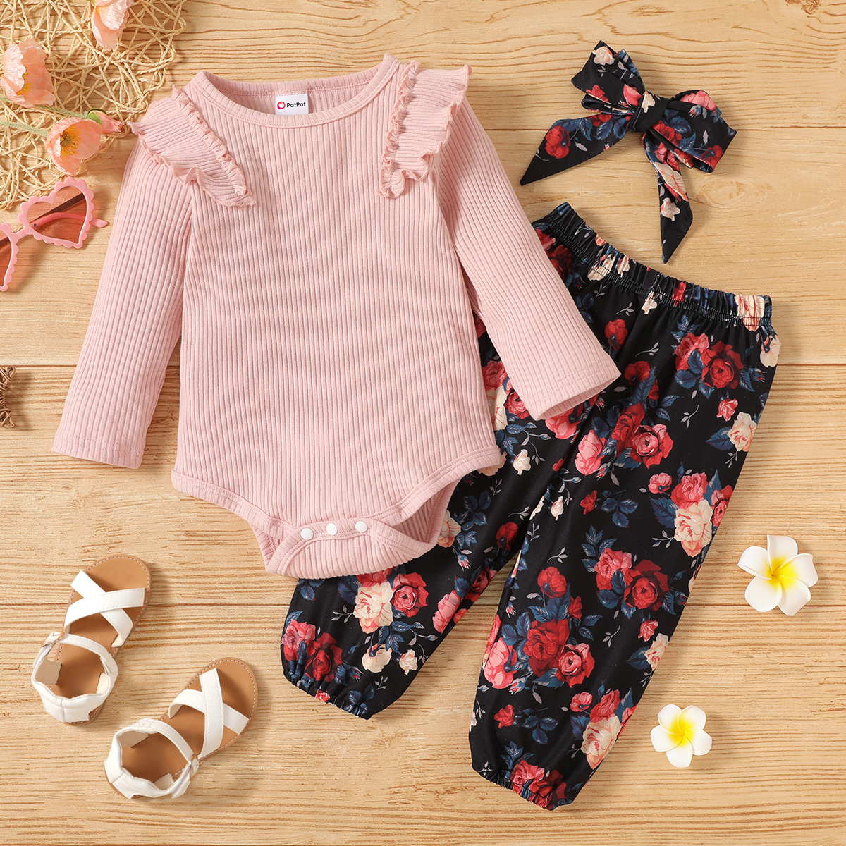 

3-piece Baby Girl Ruffled Long-sleeve Solid Romper, Floral Print Elasticized Pants and Headband Set