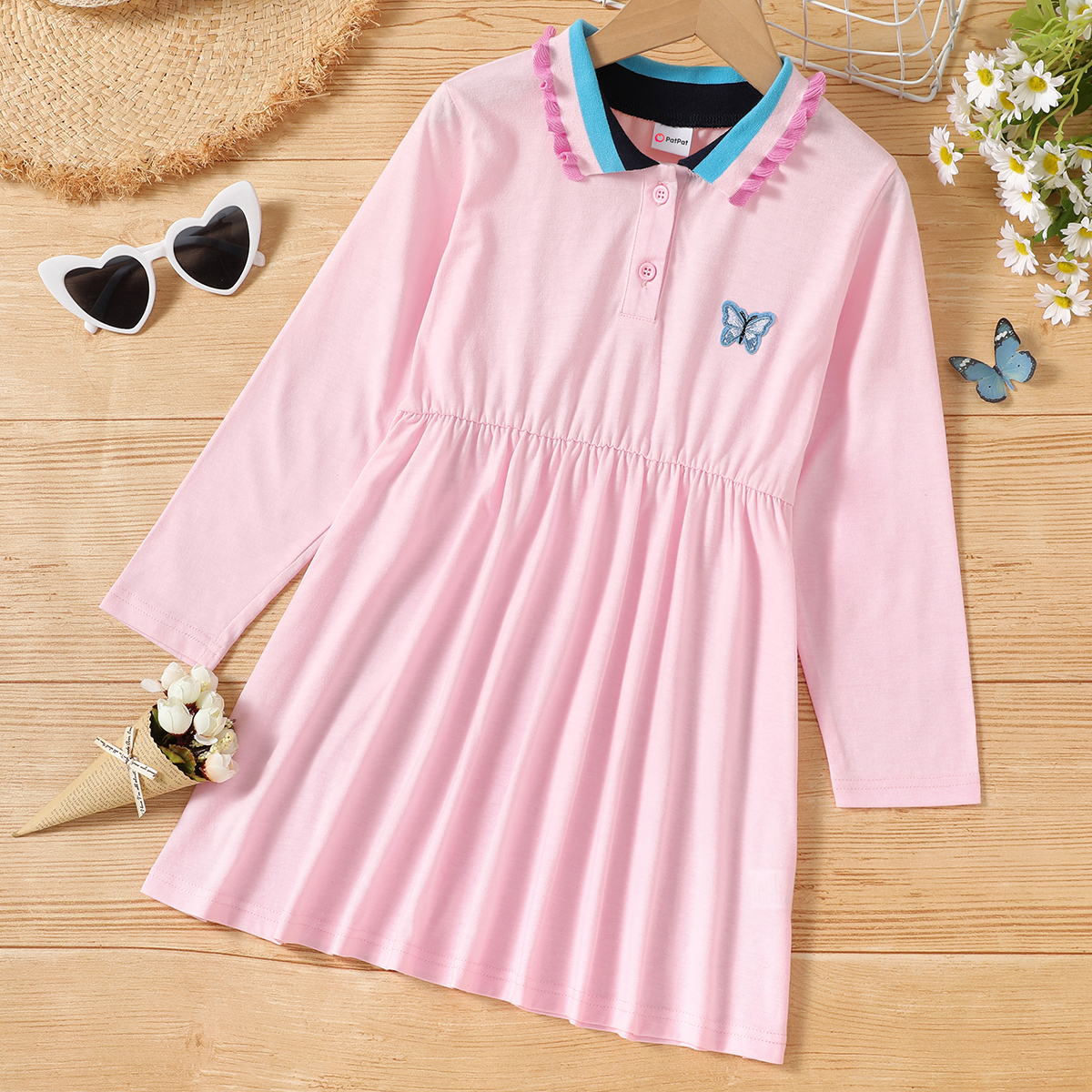 

Kid Girl Striped Lapel Collar Butterfly Embroidery Button Design Pleated Long-sleeve Dress