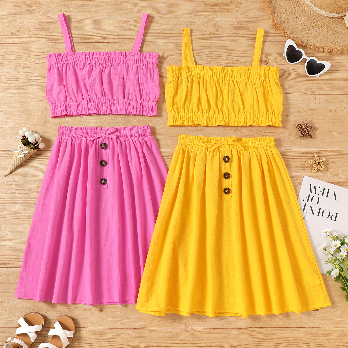 

2-piece Kid Girl 100% Cotton Pleated Solid Tank Top and Bow Button Design Skirt Set