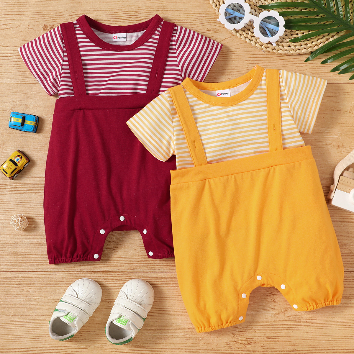 

2-piece Baby Girl Striped T-shirt and Button Design Solid Overalls Set