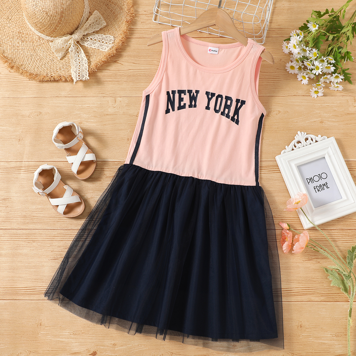 

Pretty Kid Girl Letter Print Mesh Sleeveless Dress