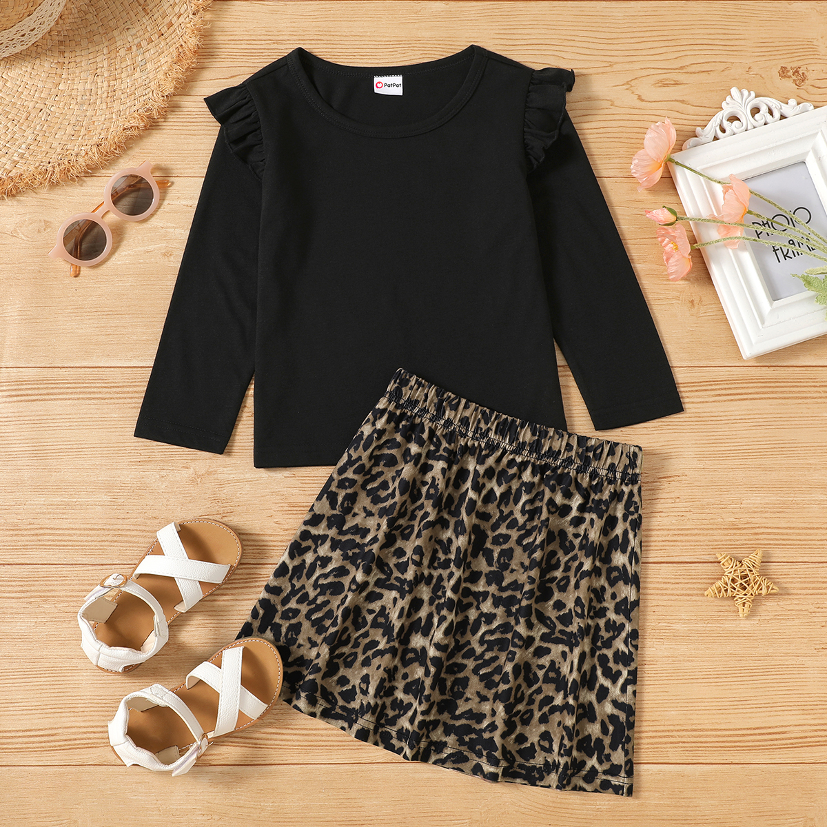 

2-piece Toddler Girl Ruffled Long-sleeve Black Top and Leopard Skirt Set