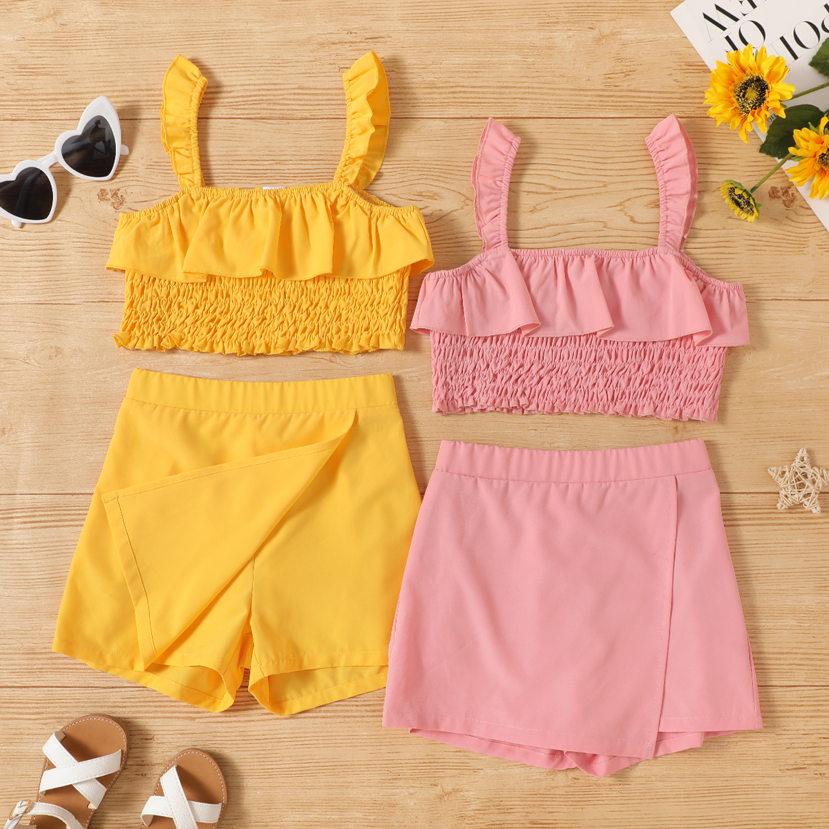 

2-piece Kid Girl Ruffled Solid Tank Top and Shorts Set