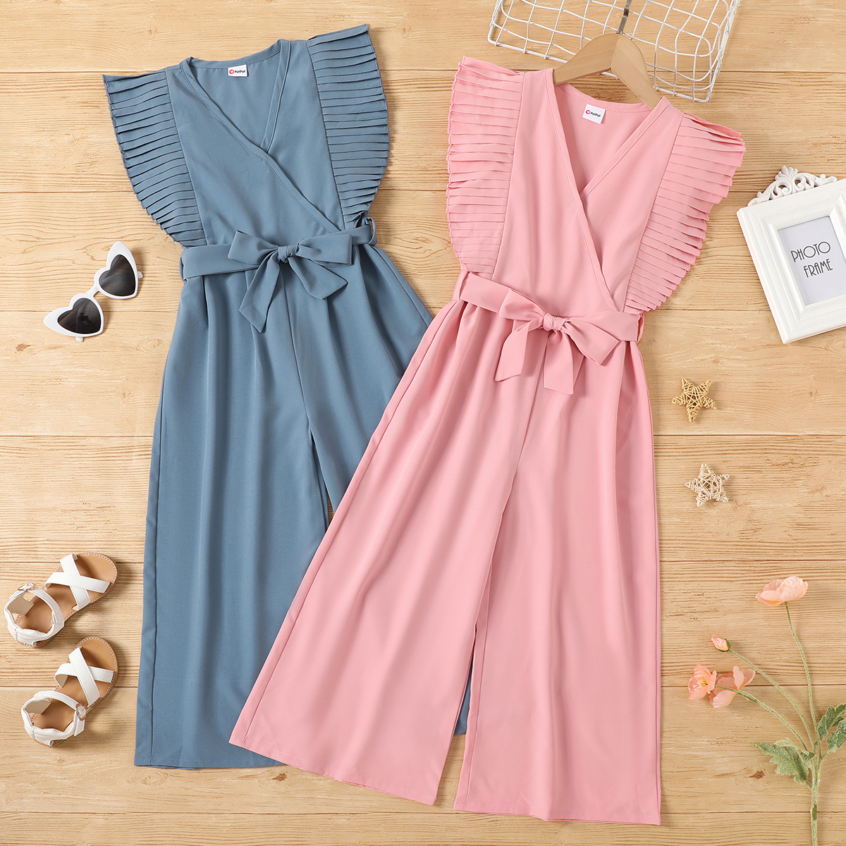 

Kid Girl Ruffle V Neck Flutter-sleeve Solid Jumpsuit with Belt
