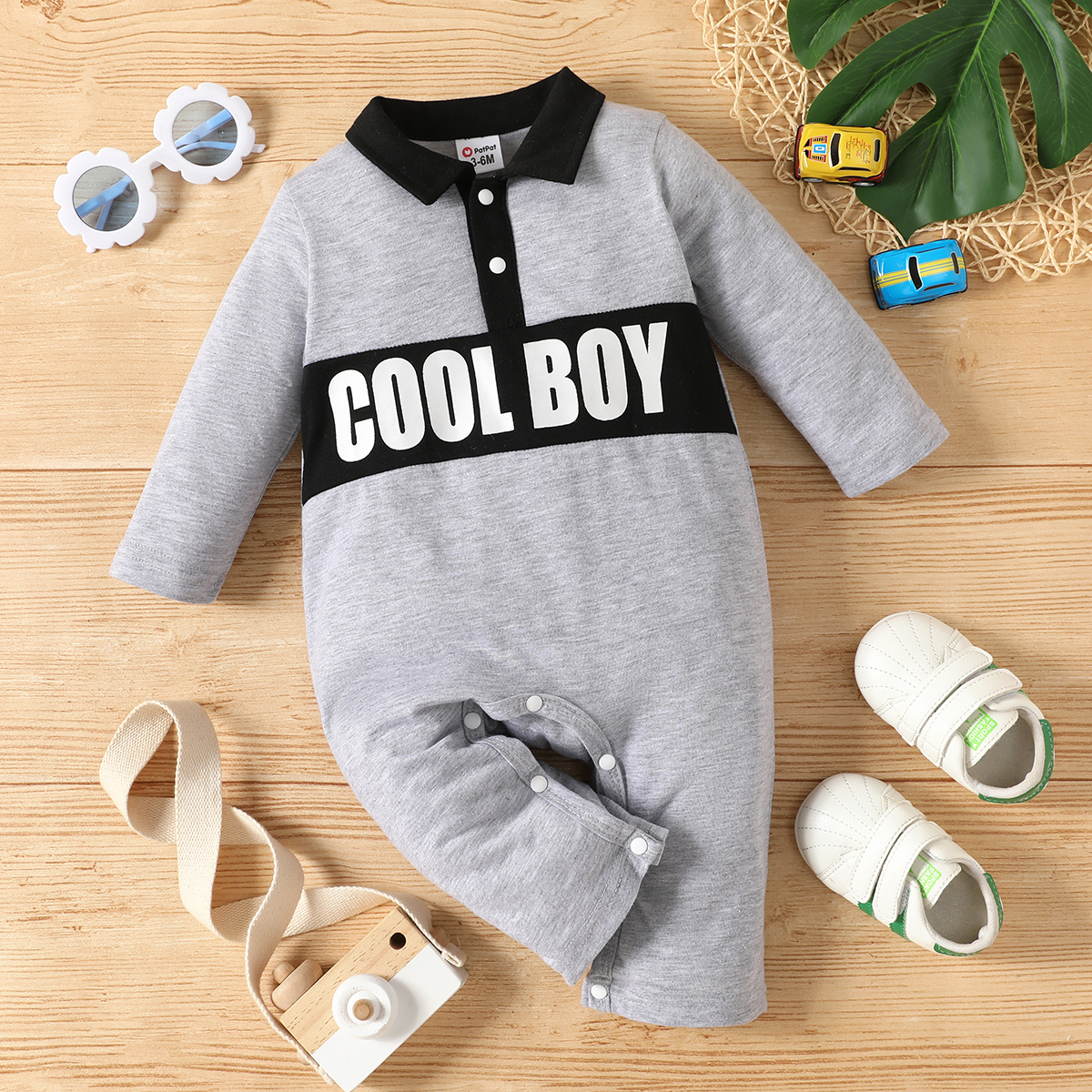 

baby Boy Letter Print Lapel Collar Button Design Long-sleeve Jumpsuit