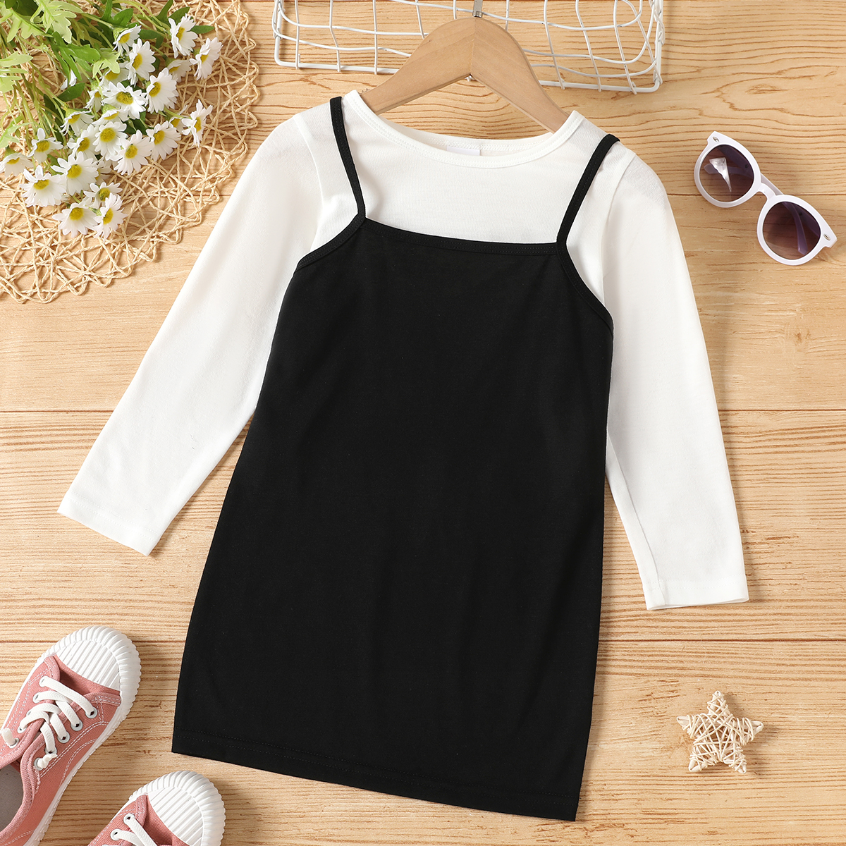 

2-piece Toddler Girl Casual Long-sleeve White T-shirt and Strap Black Dress Set