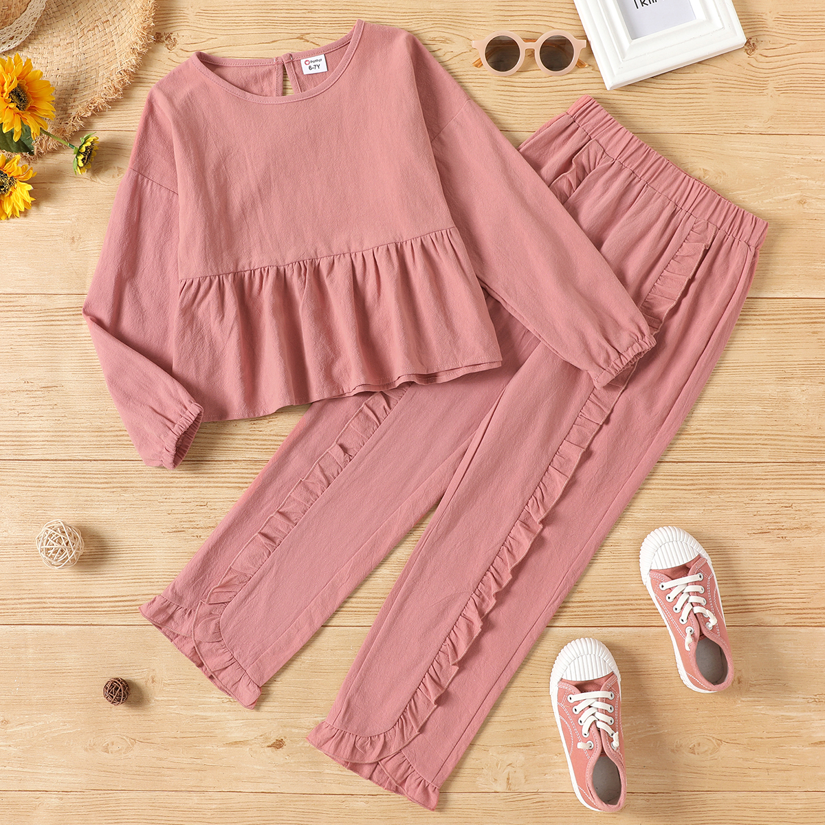 

2-piece Kid Girl 100% Cotton Solid Long-sleeve Top and Ruffled Elasticized Pants Set