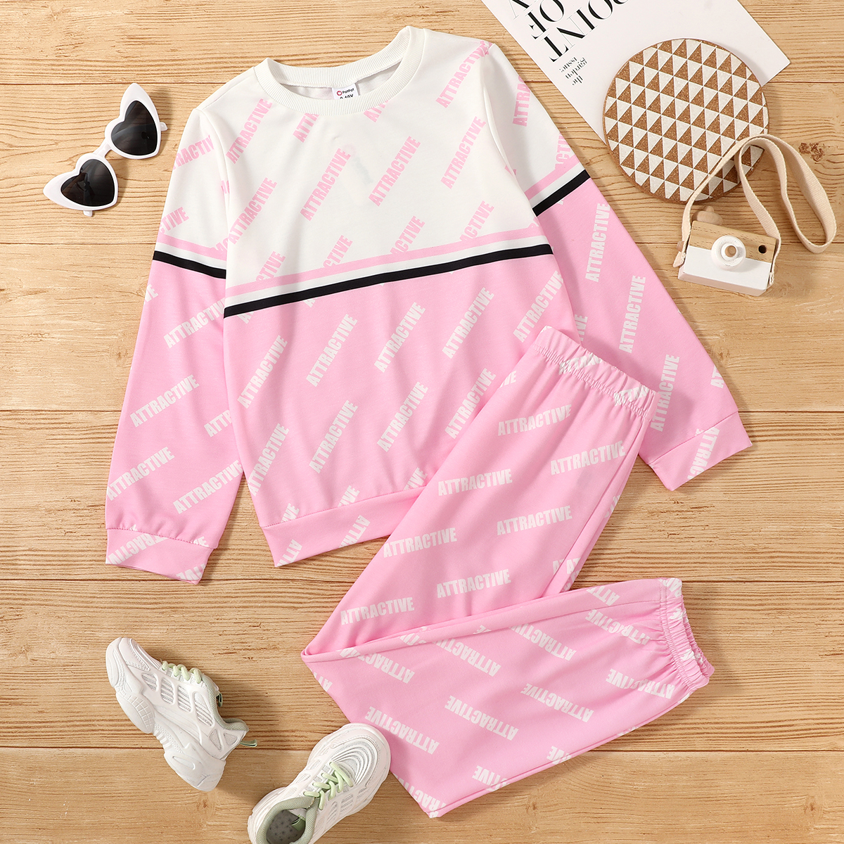 

2-piece Kid Girl Letter Print Striped Long-sleeve T-shirt and Elasticized Pants Casual Set