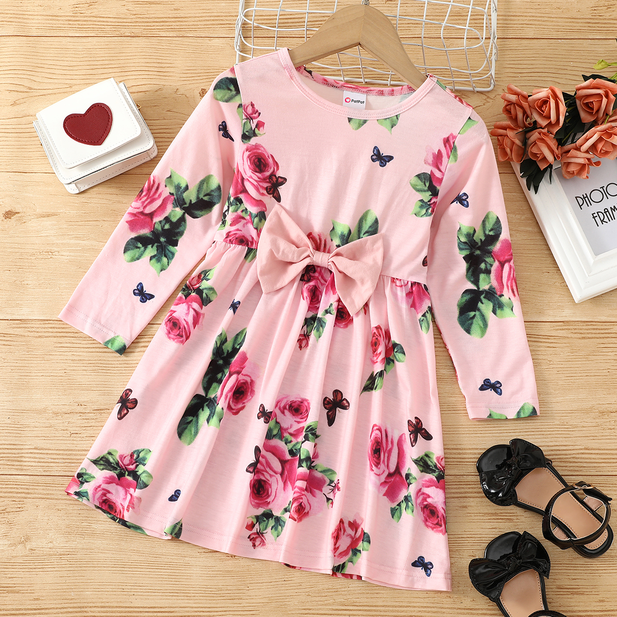 

Toddler Girl Floral Print Bowknot Design Long-sleeve Dress