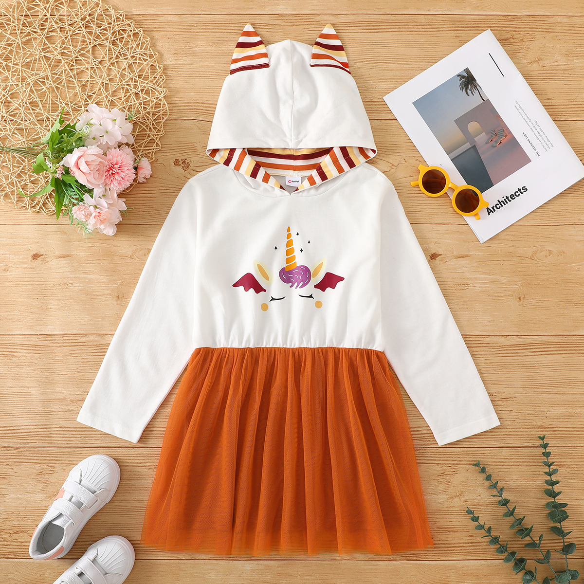 

Kid Girl Halloween Theme Ear Design Long-sleeve Mesh Stitching Dress