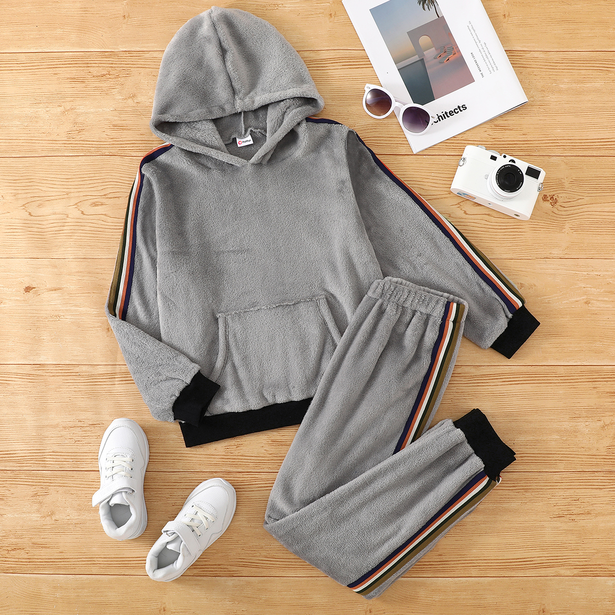

2-piece Kid Boy Striped Fuzzy Hoodie Sweatshirt and Pants Casual Set