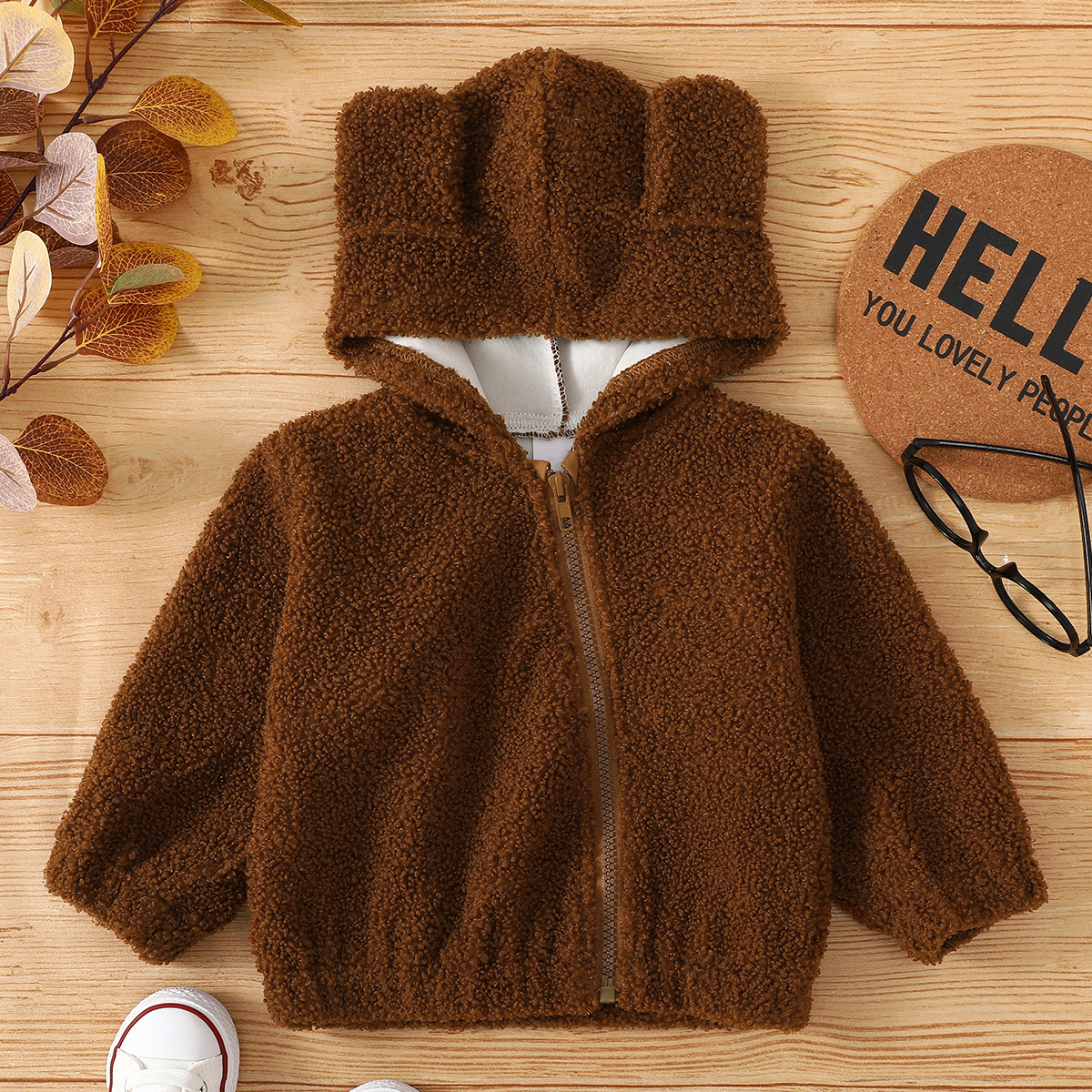 

Baby Girl 3D Ears Solid Long-sleeve Hooded Fleece Coat Jacket
