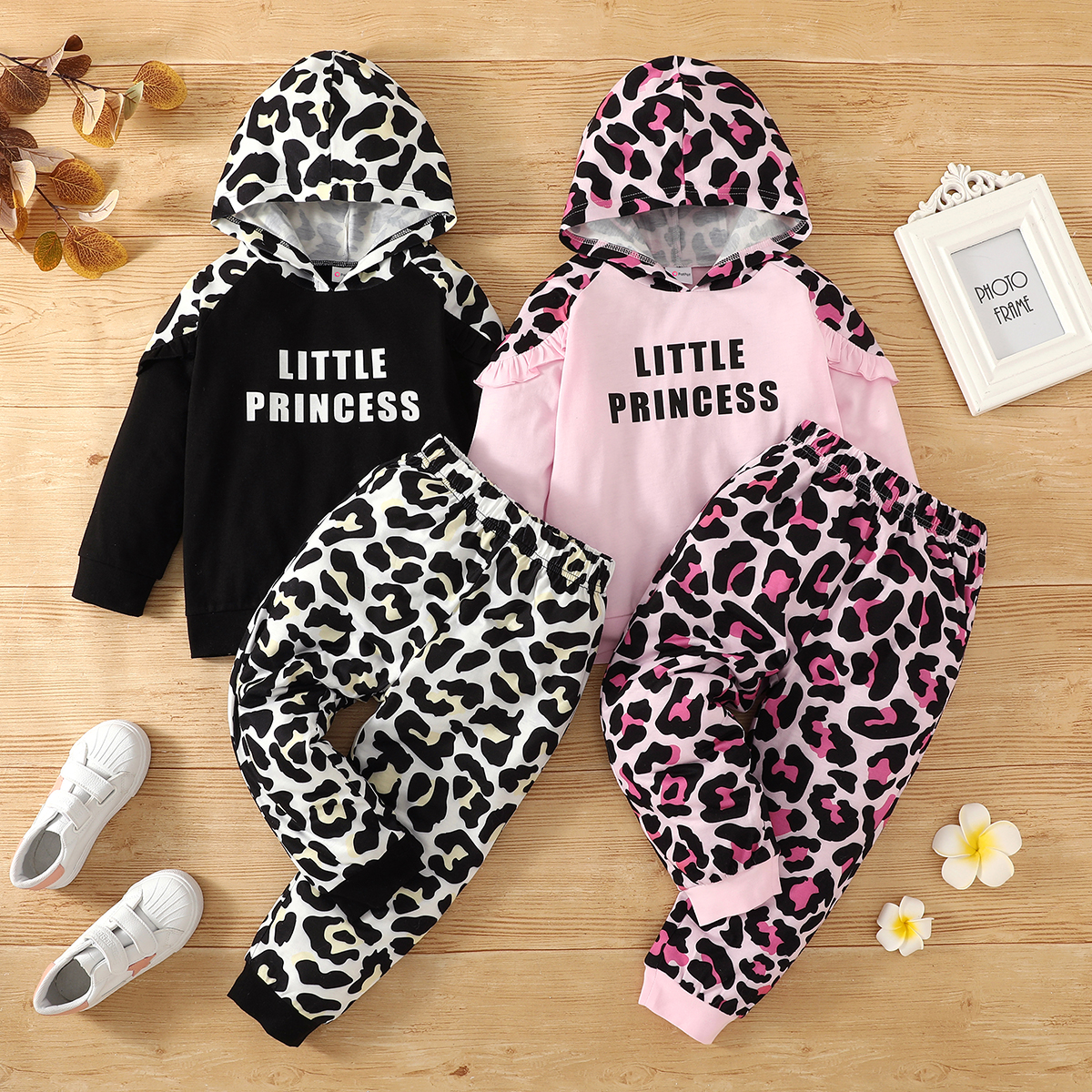 

2-piece Toddler Girl Ruffled Letter Leopard Print Hoodie and Pants Set