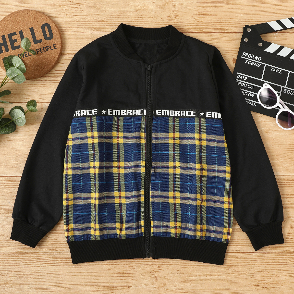 

Kid Boy Letter Print Plaid Zipper Bomber Jacket