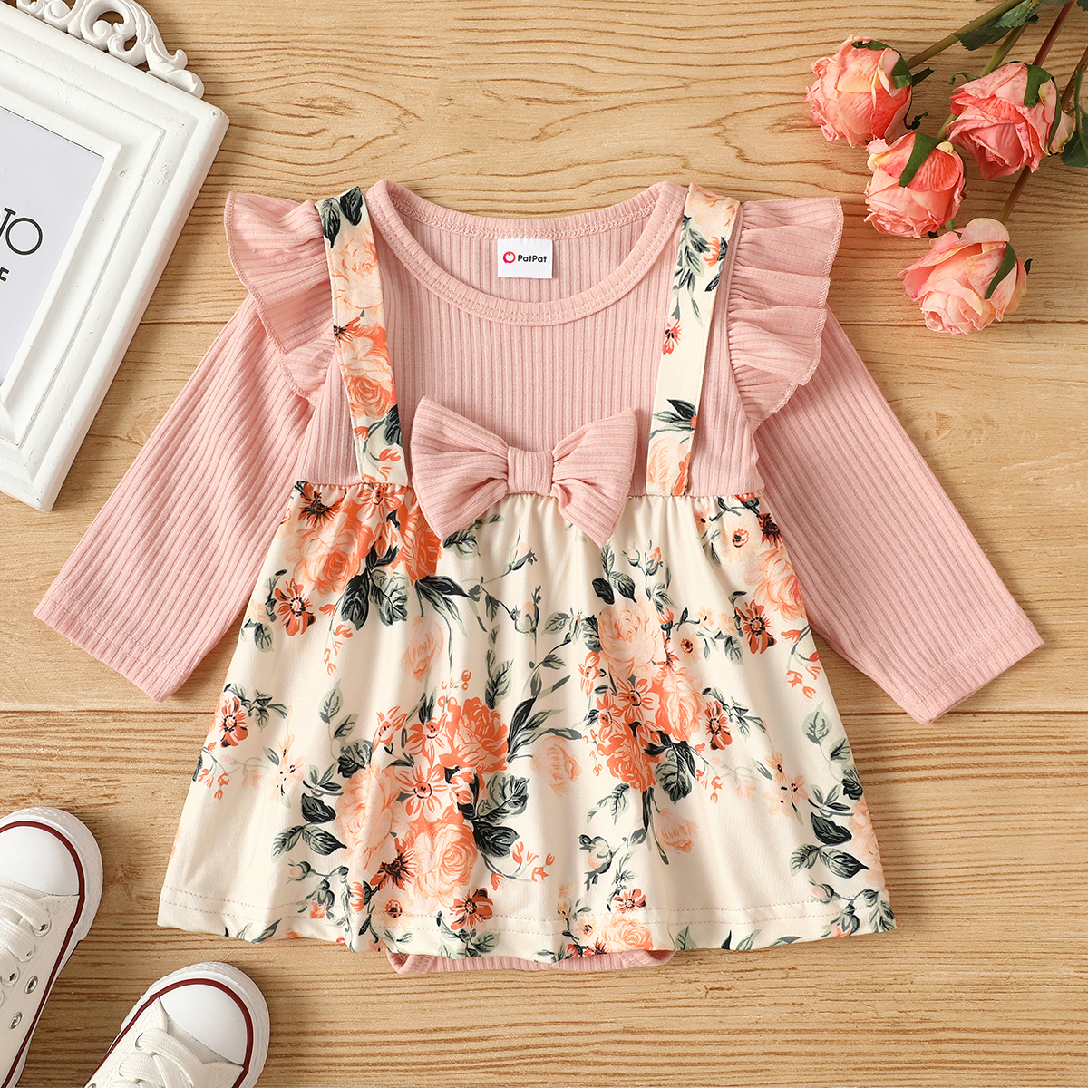

Baby Girl Floral Print Splicing Pink Ribbed Ruffle Bowknot Long-sleeve Romper Dress