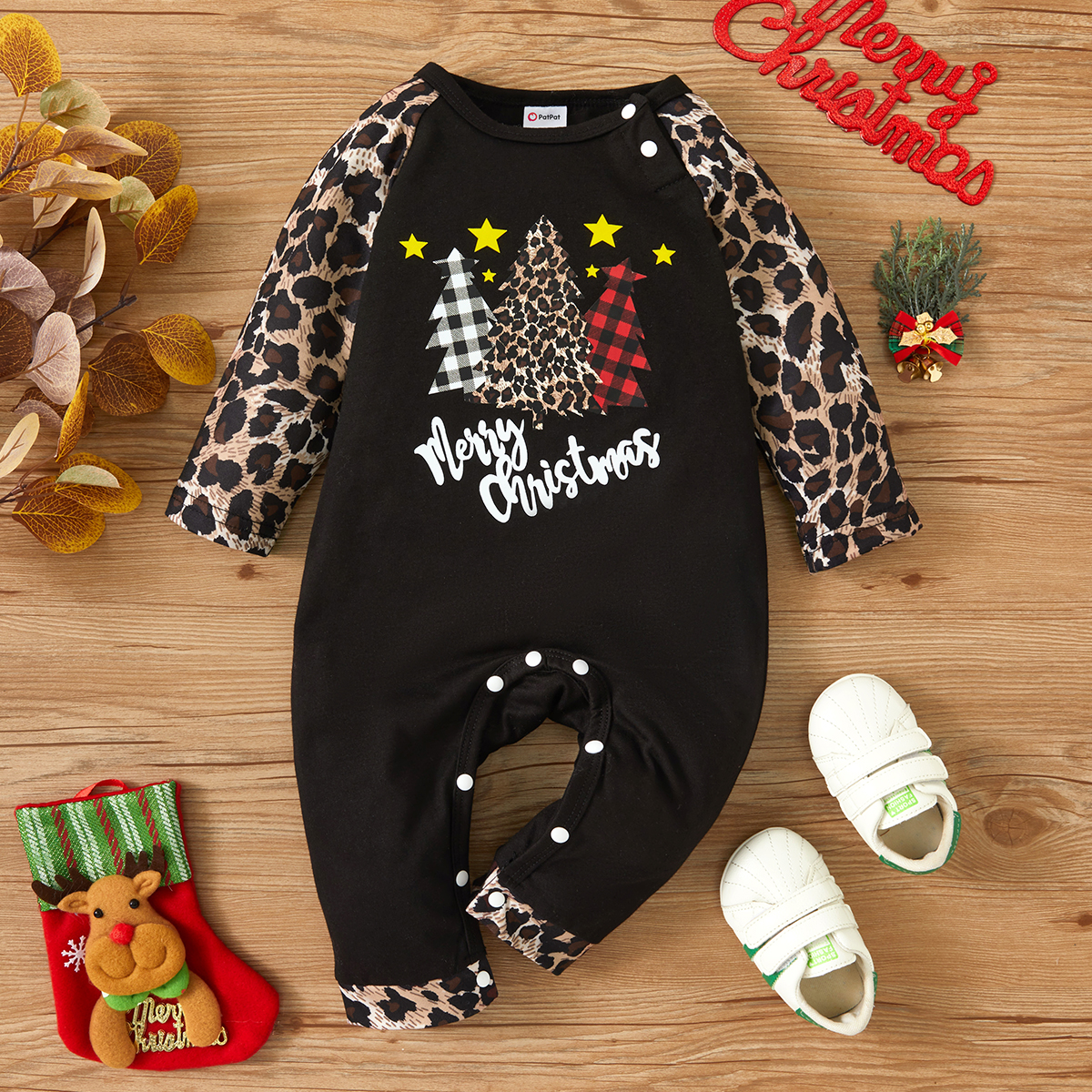 

Christmas Tree and Letter Print Baby Girl Black Splicing Leopard Long-sleeve Jumpsuit