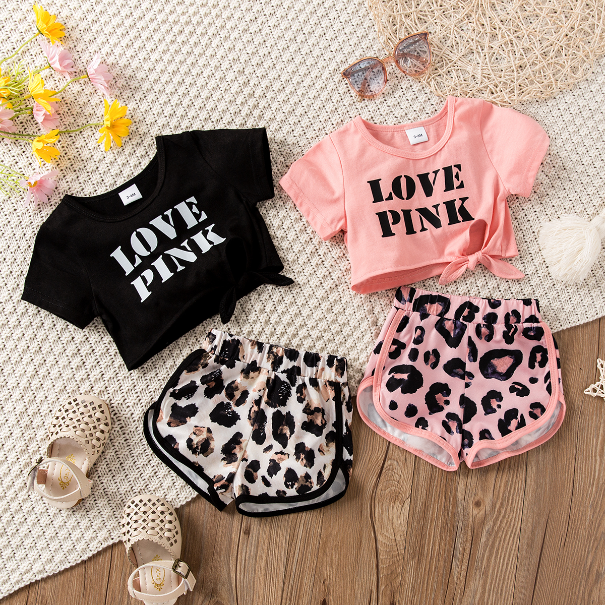 

2pcs Baby Girl Letter Print Short-sleeve Twist Knot Crop Top and Leopard Shorts Set