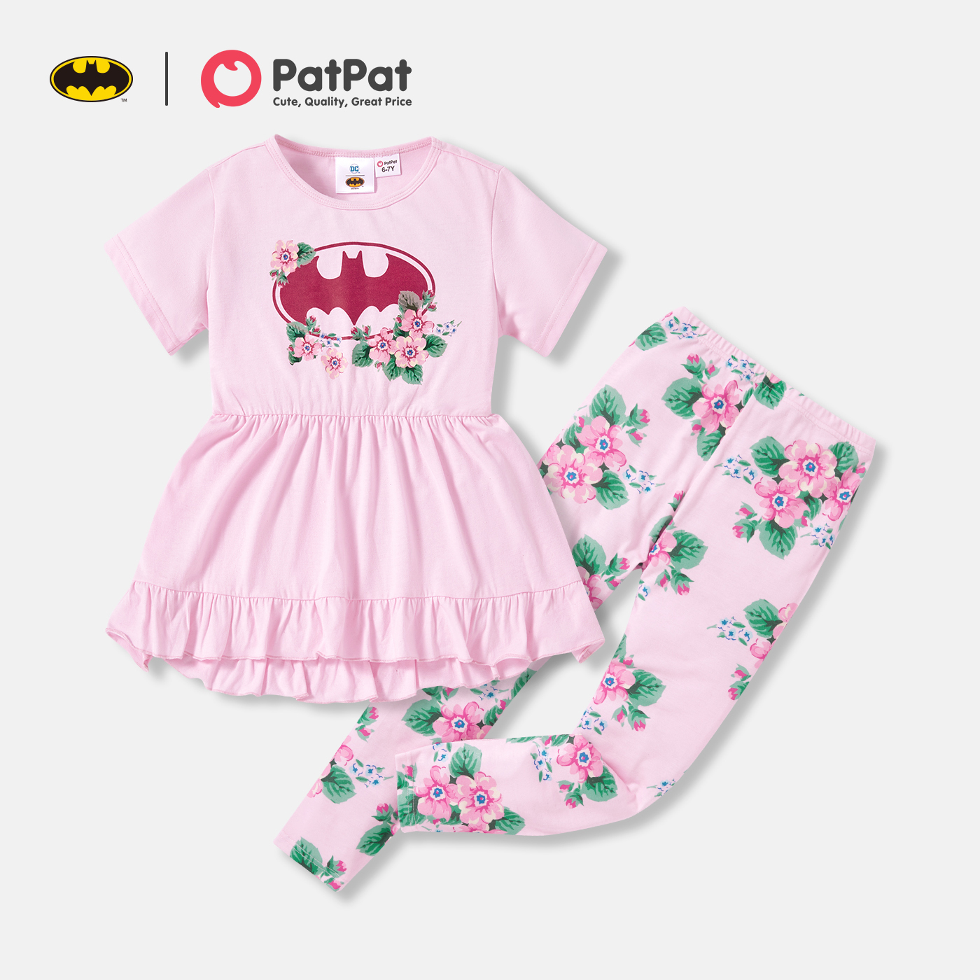 

Batman 2pcs Kid Girl Floral Print Ruffled High Low Short-sleeve Pink Cotton Tee and Elasticized Pants Set