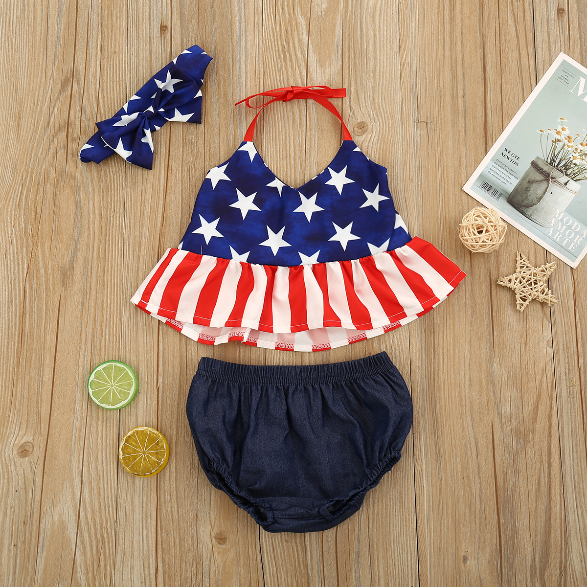

3-piece Baby / Toddler Girl Independence Day Stars Print Top and Shorts with Headband Set