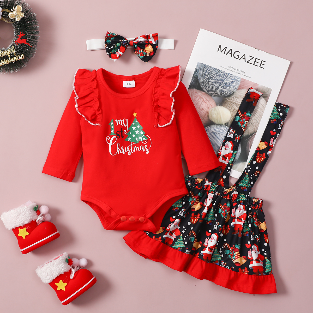 

Christmas 3pcs Baby Letter and Tree Print Red Ruffle Long-sleeve Romper and Suspender Skirt Set