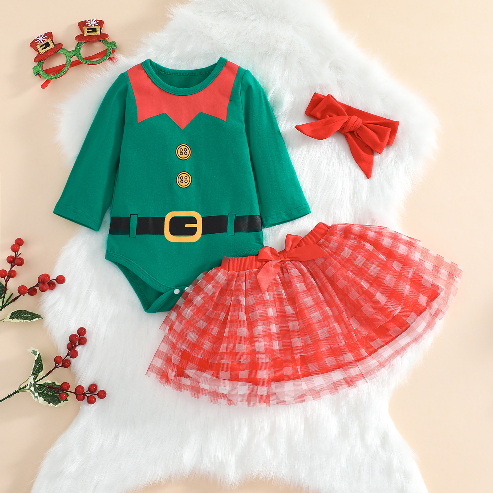 

3-piece Baby Girl Christmas Colorblock Belt Button Print Long-sleeve Romper, Plaid Mesh Skirt and Headband Set