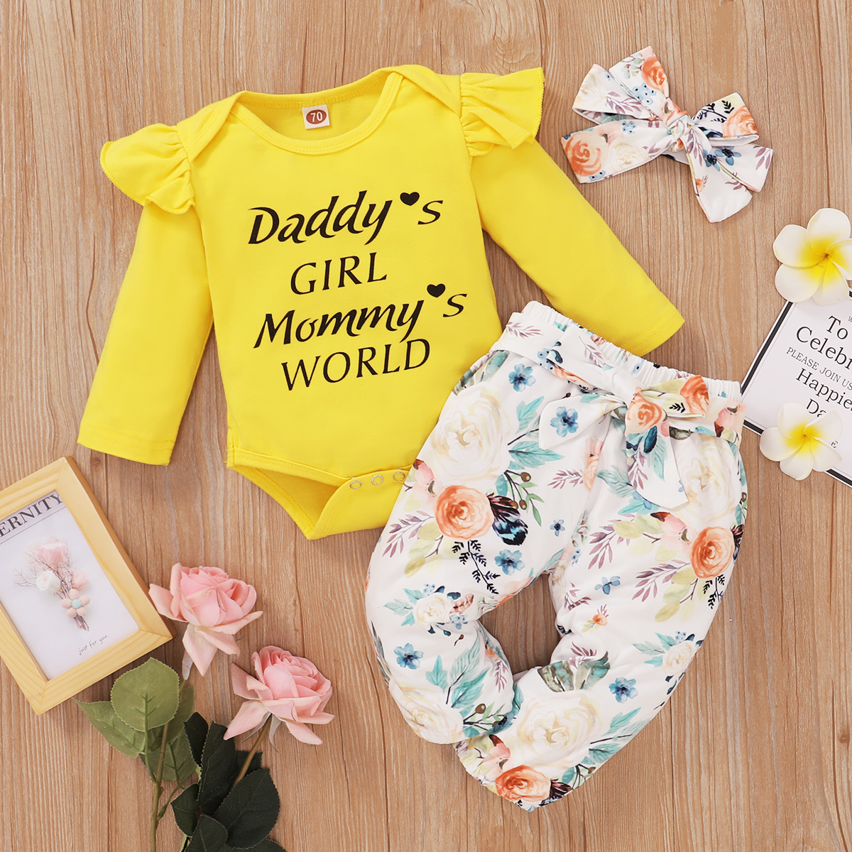 

3pcs Baby Girl Sweet Floral Baby's Sets Romper Cotton Fashion Long Sleeve Infant Clothing Outfits