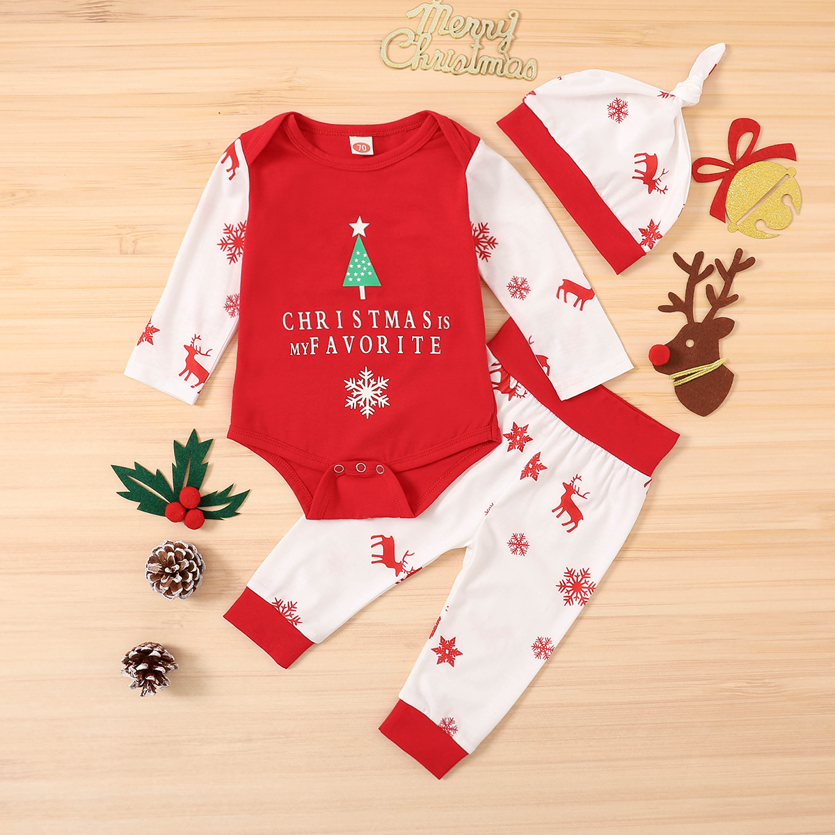 

3pcs Baby Unisex Party Letter Baby's Sets Christmas Long Sleeve Romper Infant Clothing Outfits