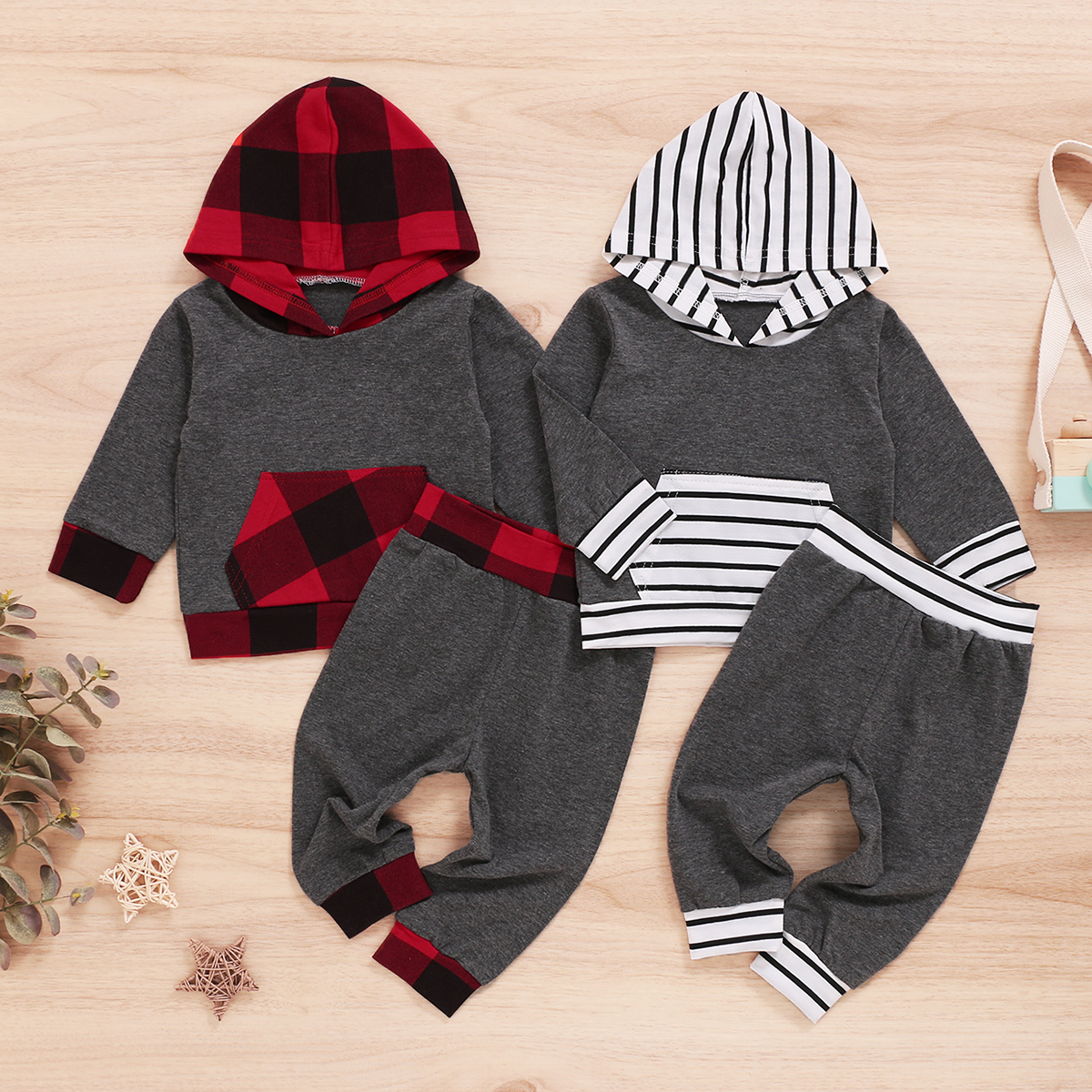 

2pcs Baby Unisex casual Stripes Baby's Sets Hooded Cotton Fashion Long Sleeve Infant Clothing Outfits