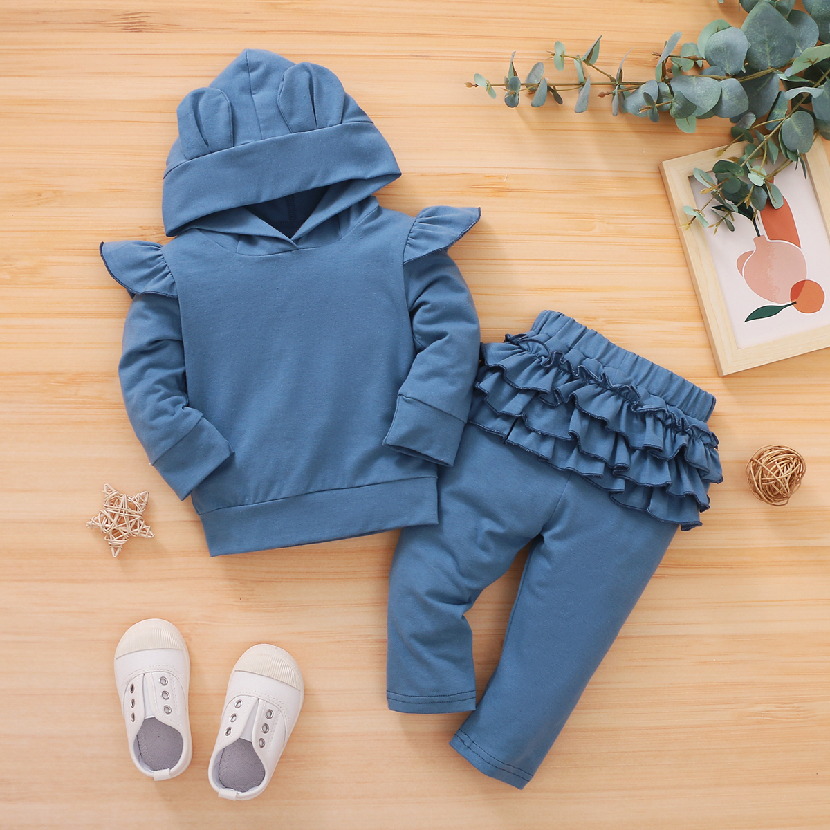 

2pcs Ruffle Decor 3D Ear Hooded Long-sleeve Blue Baby Set