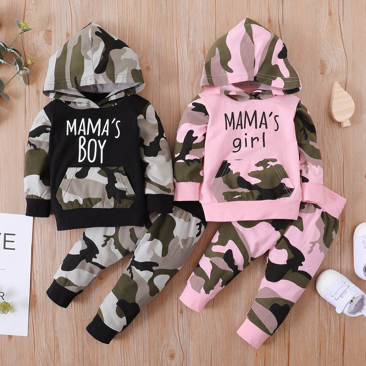 

2pcs Camouflage Print Letter Long-sleeve Baby Hoodie Set