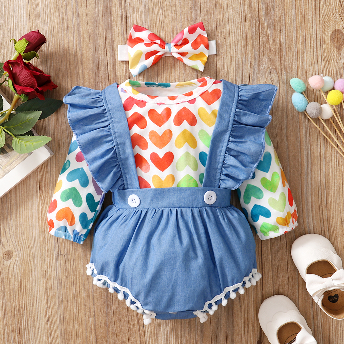 

2pcs Love Heart Print Ruffle Faux-two Long-sleeve Baby Romper
