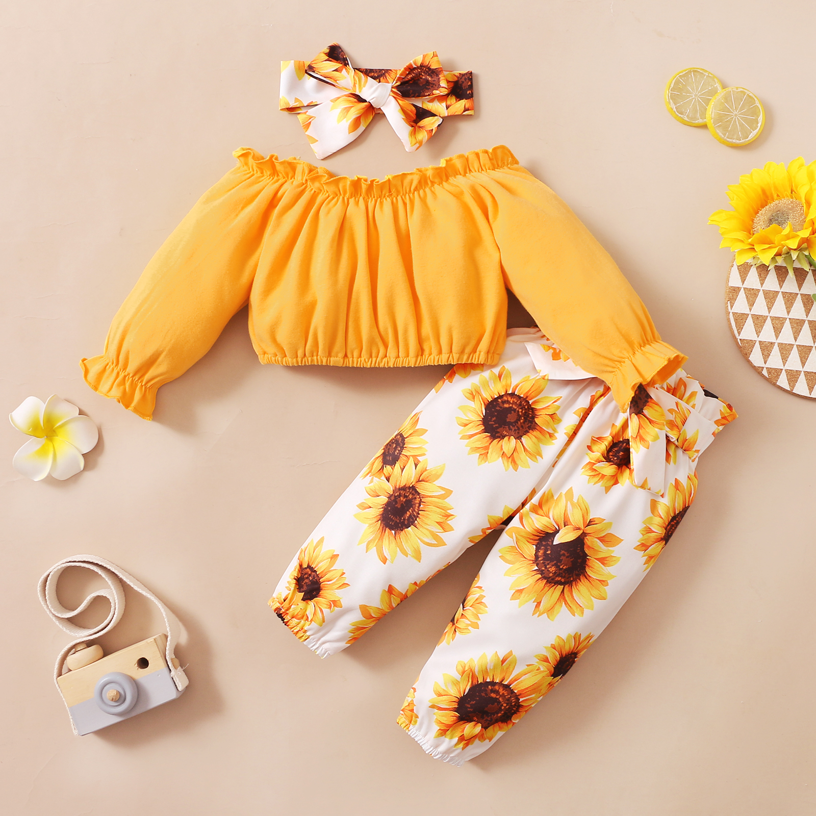 

3pcs Baby Frilly Off Shoulder Long-sleeve Crop Top and Sunflower Floral Print Pants Set