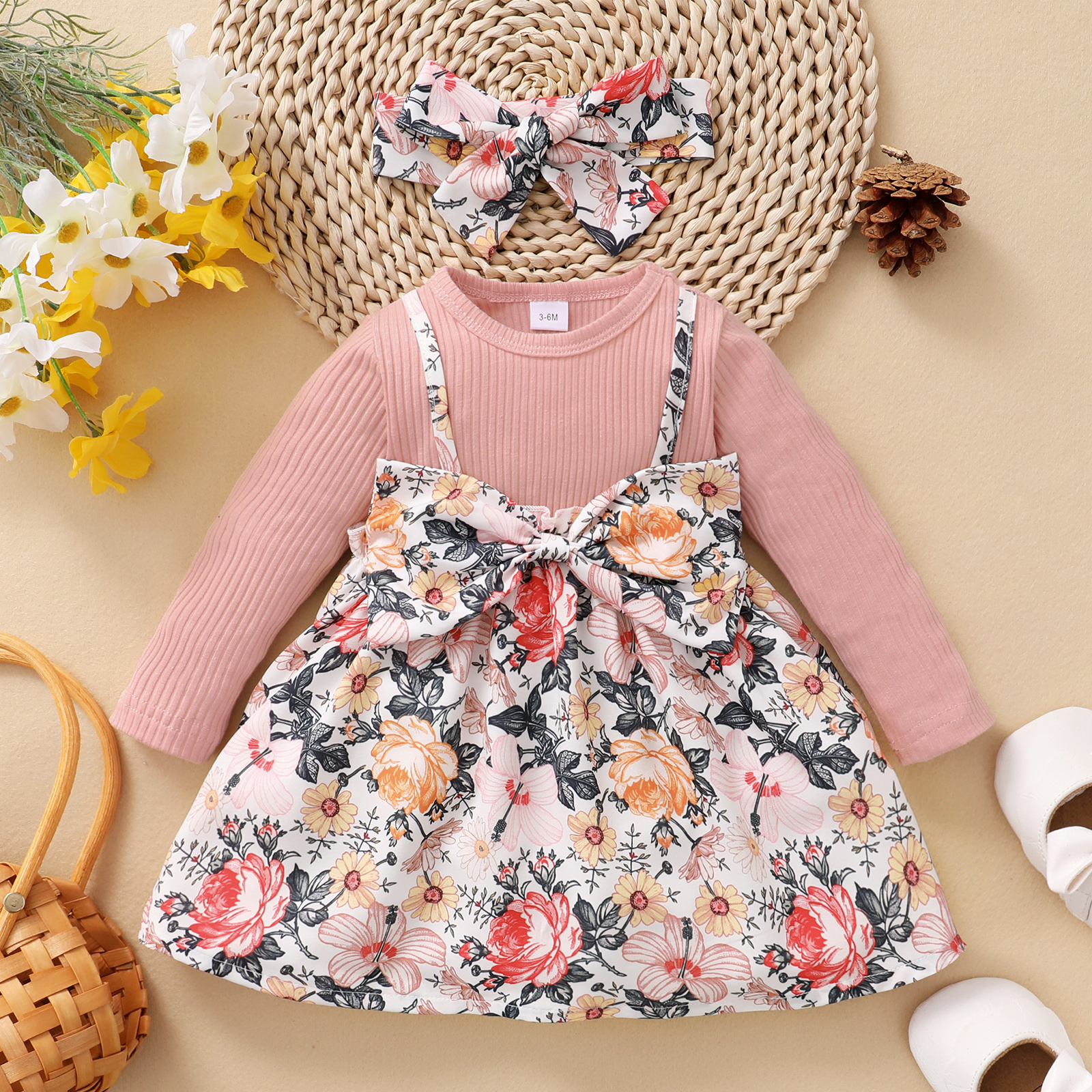 

2-piece Baby Girl Floral Print Ribbed Bowknot Design Faux-two Long-sleeve Dress and Headband Set