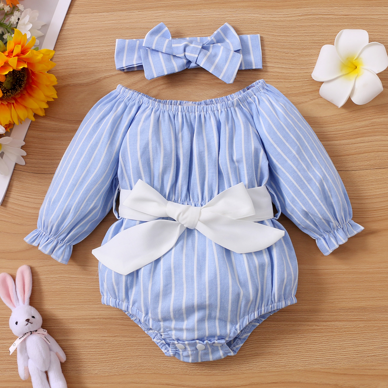 

2-piece Baby Girl Stripe Long-sleeve Belted Long-sleeve Romper and Headband Set