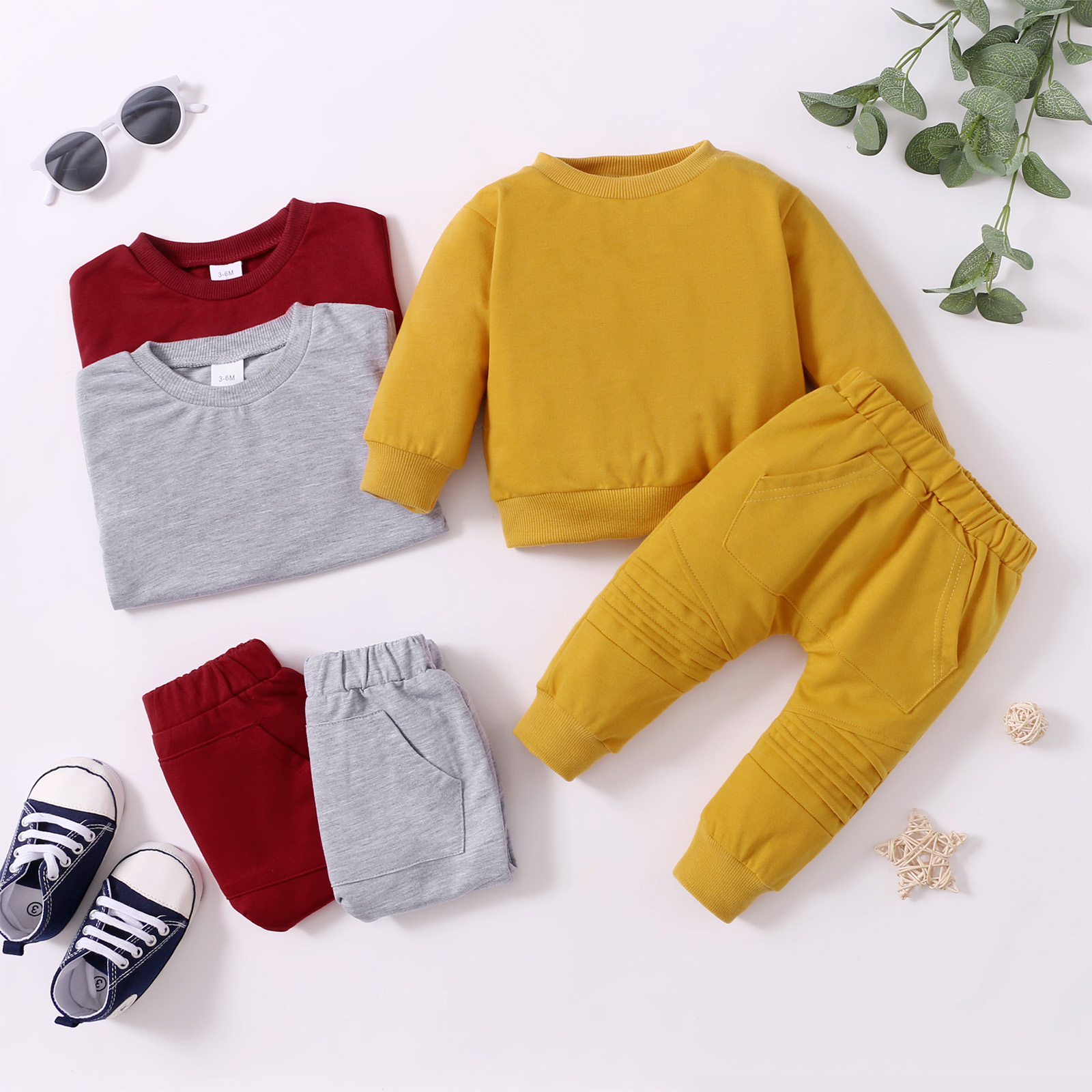 

2-piece Baby Girl/Boy Solid Color Pullover Sweatshirt and Elasticized Pants Set