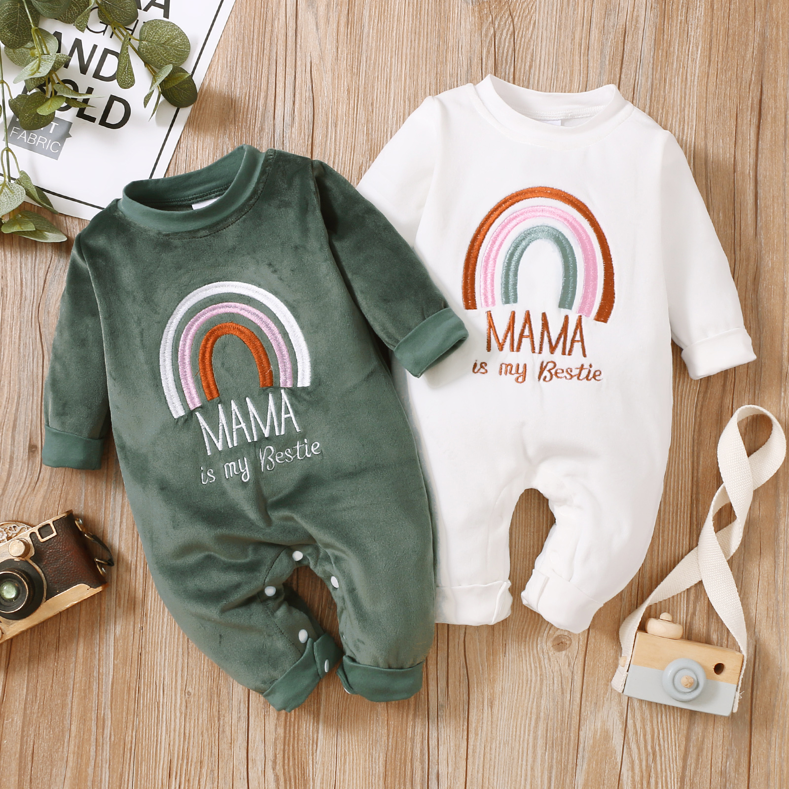 

Baby Girl Rainbow and Letter Embroidered Fleece Long-sleeve Jumpsuit